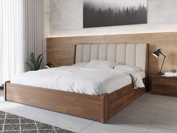 Pat cu mecanism de ridicare TOKIO din fag masiv și cu spătar moale, culoare nuc