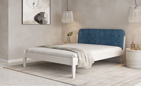 Patul California cu tăblie moale din catifea alb si blue