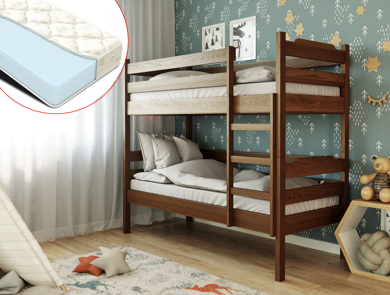 Двухъярусная кровать Milena 2H из массива бука с матрасами в комплект