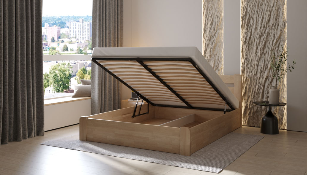 Patul Lira PM, din fag masiv cu mecanism de ridicare, culoare lac transparent