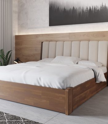 Pat cu mecanism de ridicare TOKIO din fag masiv și cu spătar moale, culoare nuc