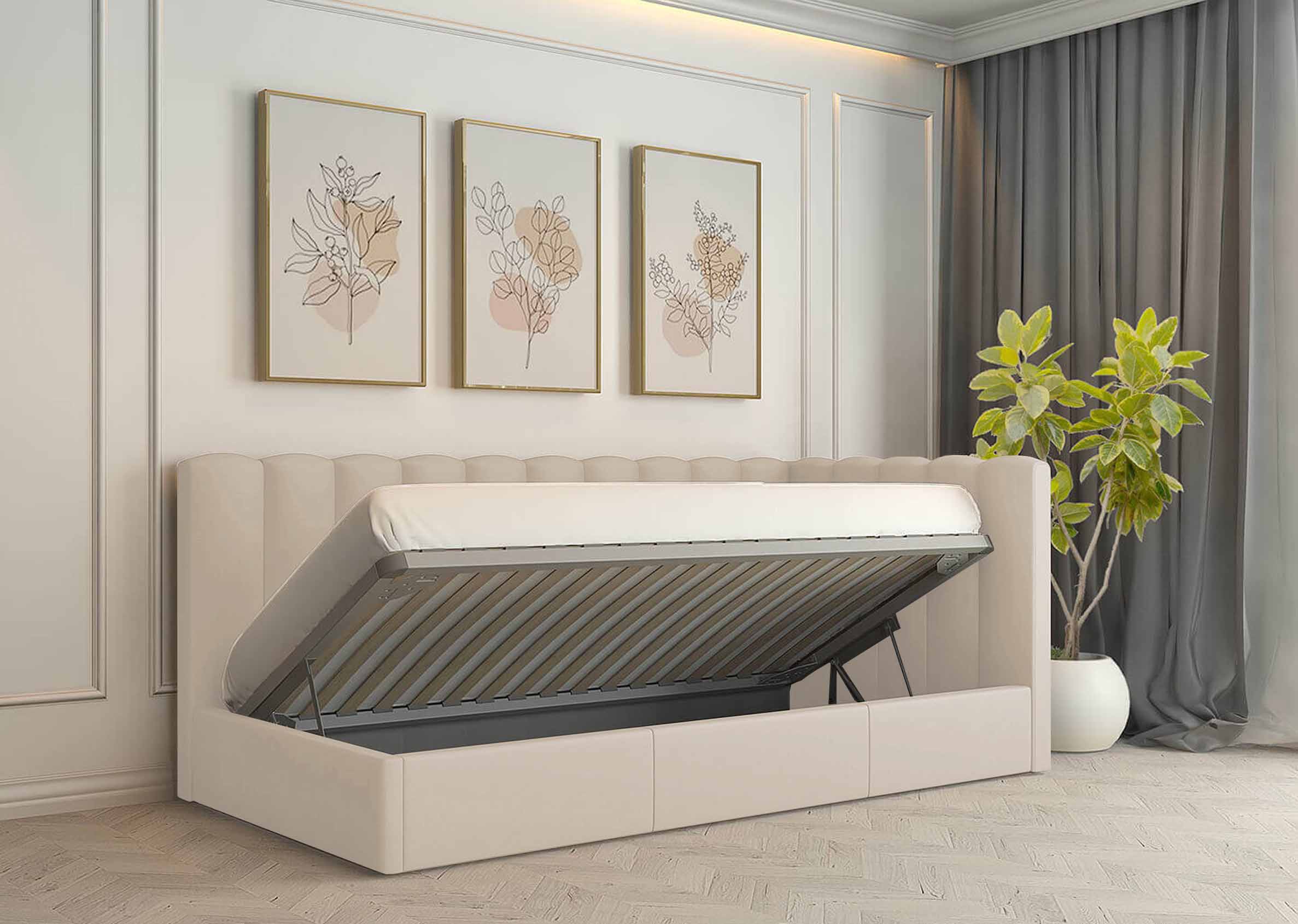 Pat cu saltea Mebel Lev Scandinavia 90x200 cm cu tapițerie moale de culoare bej - Image 2