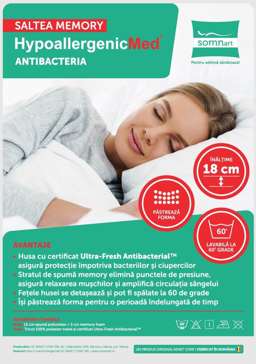 Saltea Somnart Memory Hypoallergenic Med Antibacteria ortopedică, fără arcuri, cu spumă memory, înălțime 18 cm, fermitate medie - Image 4