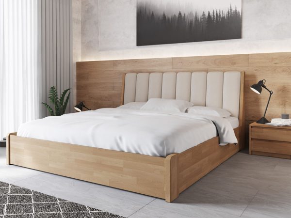 Pat cu mecanism de ridicare TOKIO din fag masiv și cu spătar moale, culoare lac transparent