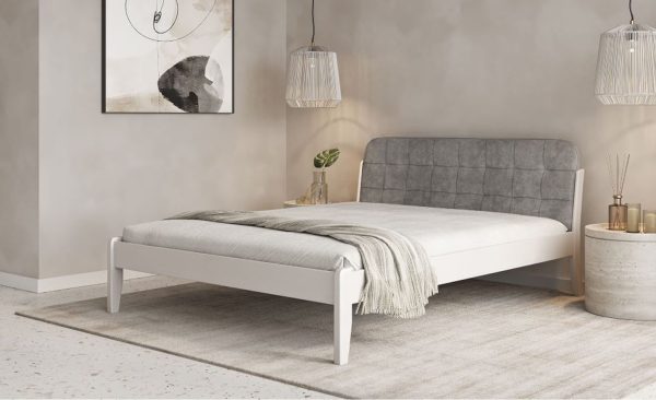 Patul California cu tăblie moale din catifea alb si dark gray