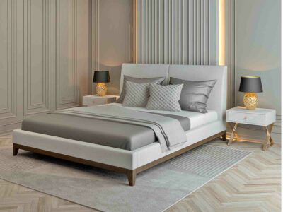 Patul Mebel Lev Kaliari cu tapițerie moale și cadru din lemn natural