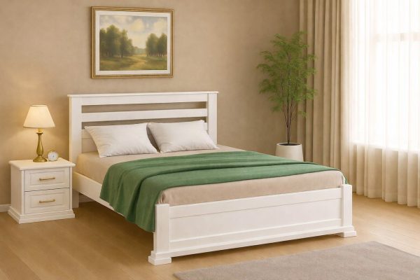 Pat din lemn Mebil Lev Lord 140x200 din masiv de fag culoare alb